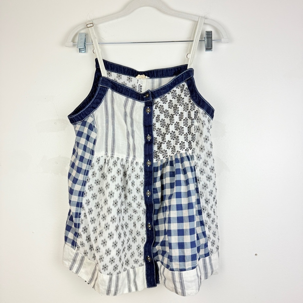 Anthropologie PILCRO Patchwork Button Front Cami Gingham Floral Boho Denim Trim - Picture 5 of 9